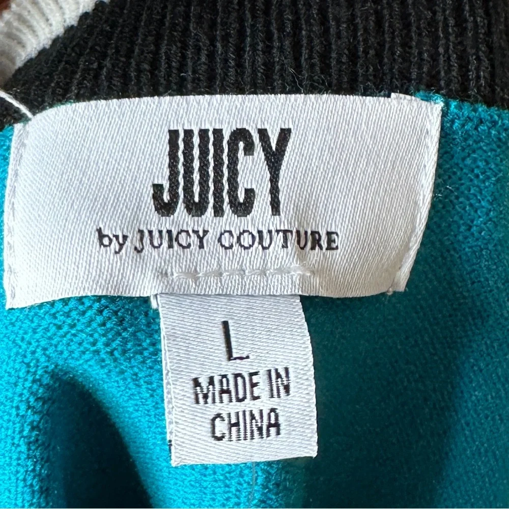Juicy Couture Crew Neck Long Sleeve Pullover Heart Sweater Teal Womens Large New